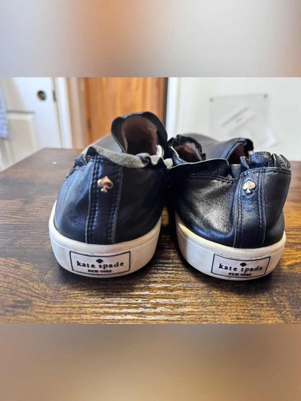 Kate Spade Ruffle Trim Black Leather Slip On Sneakers - 9.5